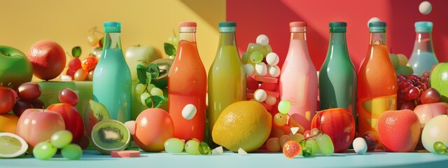 Assorted fruit juices in bottles with vibrant fresh fruits