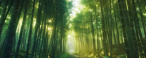 Wall Mural - Tranquil bamboo grove with filtered sunlight, 4K hyperrealistic photo