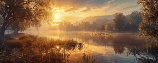 Wall Mural - Sunset casting a warm glow on a serene lake, 4K hyperrealistic photo,