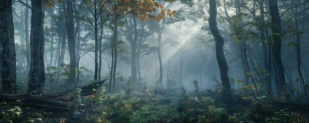 Wall Mural - Misty morning in a forest with fog rolling through, 4K hyperrealistic photo,