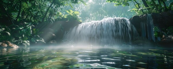 Wall Mural - Forest waterfall cascading into a clear pool, 4K hyperrealistic photo