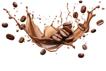 Wall Mural - Coffee beans and chocolate milk splashing on a white background, ideal for food and beverage backgrounds or advertising campaigns