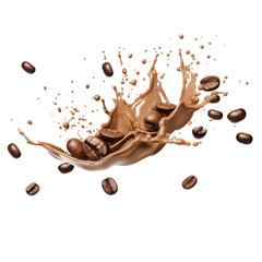 Wall Mural - Coffee beans and chocolate milk splashing on a white background, ideal for food and beverage backgrounds or advertising campaigns