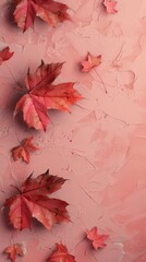 Wall Mural - Flat lay frame with colorful autumn leaves  on the red background with ample copy space image. isolated pastel backdrop. colorful desktop wallpaper with maple leaves