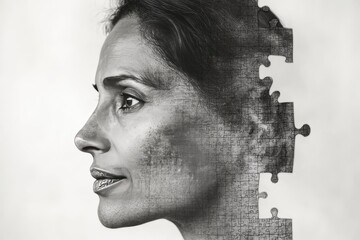 Wall Mural - CBT Emotional processing Profile of a woman with puzzle pieces missing from her head symbolizing memory loss cognitive disintegration and the complexity of mental health