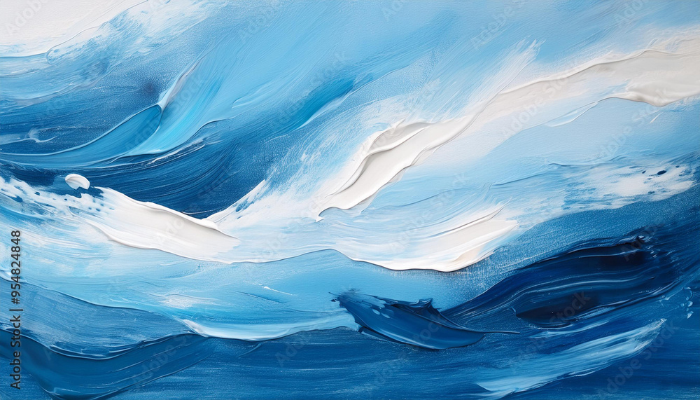 Blue and white oil paint strokes with texture. Abstract sea background ...