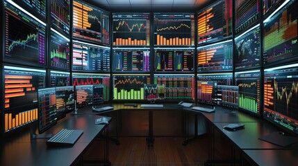 Leinwandbilder - A trading room with multiple screens displaying various steep. Generative AI.