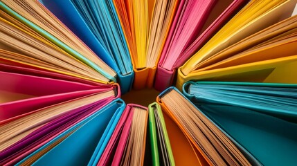 Top view of bright colorful hardback books in a circle. Open book, fanned pages. Education essential for self improvement, gaining knowledge and success in our careers, business and personal lives. 