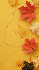 Flat lay frame with colorful autumn leaves on yellow background with ample copy space image. isolated pastel backdrop. colorful desktop wallpaper with maple leaves