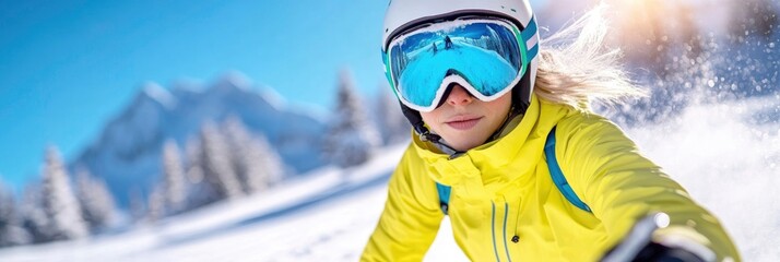 A woman carving lengthy turns on a ski slope in the bright winter sky while on vacation, high up in the mountains, splashing