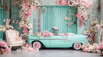 Vintage mint car decorated with flowers in the photo zone in a romantic style for Spring Day or St. Valentine 