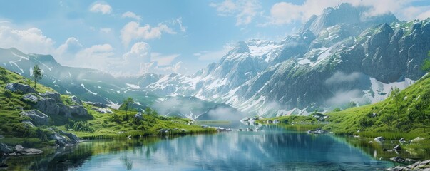 Wall Mural - Mountain landscape with a serene alpine lake, 4K hyperrealistic photo,