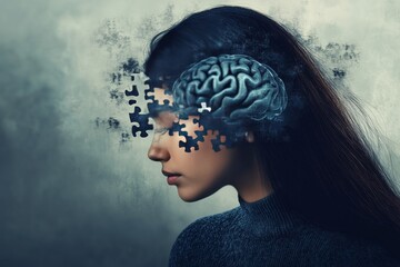 Poster - Neurogenesis Emotional processing Side profile of a young woman with a brain puzzle overlay symbolizing identity cognitive complexity and the journey of self discovery