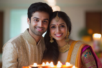 Wall Mural - young indian couple celebrating diwali festival