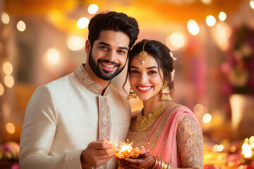 Wall Mural - young indian couple celebrating diwali festival