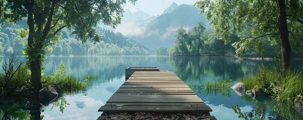 Wall Mural - Peaceful lake with a wooden dock, 4K hyperrealistic photo