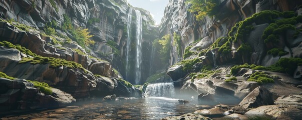 Wall Mural - Waterfall cutting through a rocky gorge in dramatic scenery, 4K hyperrealistic photo