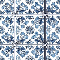 Poster - blue and white ceramic tiles with elaborate floral patterns, ideal for interior decoration in various settings