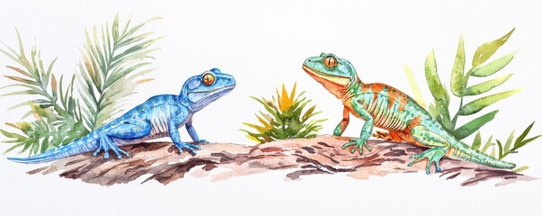 Naklejka na meble Ancient amphibians, skeletal fossils, Mesozoic environment, watercolor style