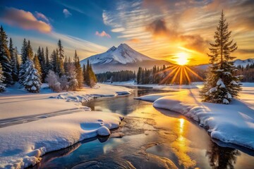 Sunset over a snow-covered mountain, with a few trees and a frozen river, breathtaking panorama of the snow-covered peaks.