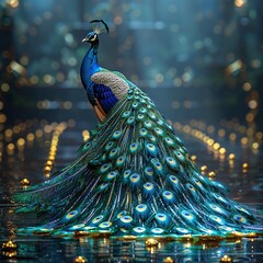 Poster - Peacock with Spread Feathers in a Dreamlike Setting