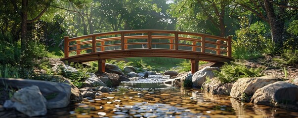 Wall Mural - Rural landscape with a wooden bridge over a creek, 4K hyperrealistic photo