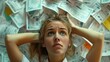 © visoot - Overwhelmed Woman Facing Financial Stress, Regret and Headache Amidst Bills and Credit Card Statements, Depicting Personal Finance Crisis and Need for Budget. Generative AI.