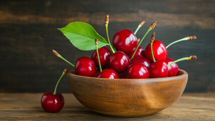 Canvas Print - Bright red cherries with stems and leaves in a wooden bowl market stall setting rustic feel 