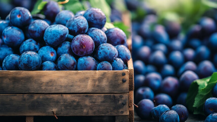 Canvas Print - Bunches of dark plums with a slight sheen in a wooden crate market stall background 