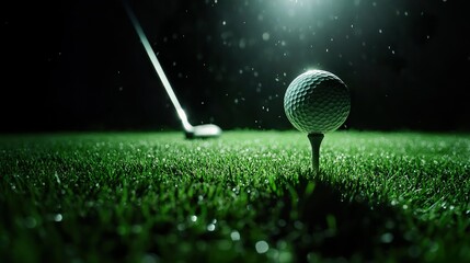 Close-up of a golf ball on a tee, virtual golf machine. Golf simulator