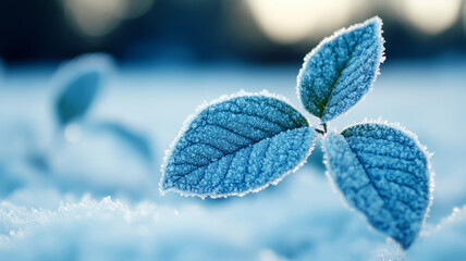 Sticker - Close up of frost crystals on a leaf shimmering under cold morning light 