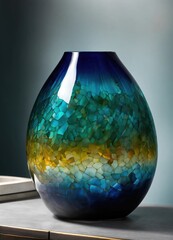 Wall Mural - Colorful Decorative glass vase with green and blue pattern on the table. Close up. ai generative