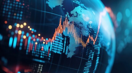 Wall Mural - 3D loop of a rotating globe with financial data points and graphs mapped onto its surface, symbolizing global finance and economic trends, perfect for overlaying content