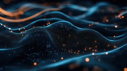 3D loop of abstract data streams flowing through a dark, futuristic environment, with lines and particles representing the transfer of information