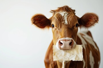 Wall Mural - Closeup of a Curious Cow Holding a Piece of Paper