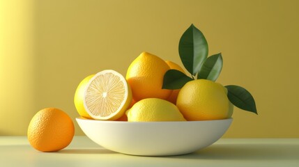 a vibrant bowl filled with fresh lemons and a single orange, set against a bright yellow background 