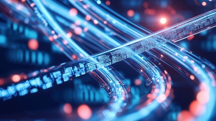 Wall Mural - a 3d rendered loop of fiber optic cables glowing and transmitting data across a network, with pulses