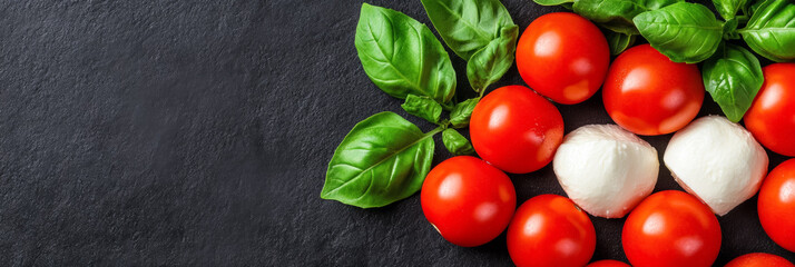 Fresh Italian tomatoes mozzarella and basil leaves displayed on a dark background with empty space for text 