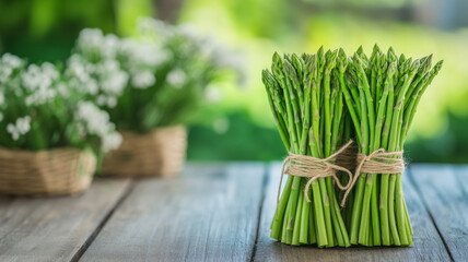 Sticker - Fresh asparagus bundles tied with twine on a wooden stall market background natural hues 