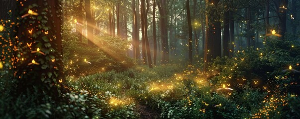 Wall Mural - Magical forest with glowing fireflies at dusk, 4K hyperrealistic photo,