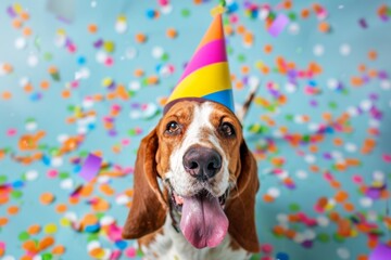 Wall Mural - A joyful dog wearing a colorful party hat, surrounded by confetti on a vibrant blue background. This image represents celebration, happiness, and a playful spirit ideal for festive themes.