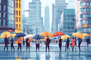 A busy urban scene with people holding umbrellas in the rain amidst tall buildings.