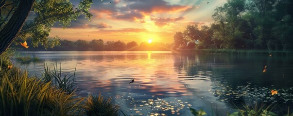 Wall Mural - Calm lakeside with a beautiful sunset, 4K hyperrealistic photo