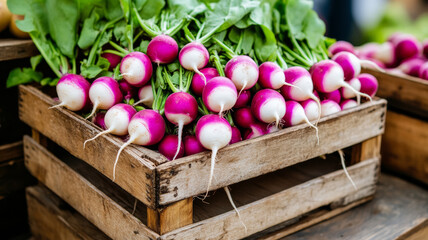 Sticker - Freshly harvested radishes with rich purple and white hues on a wooden crate market stall scene 