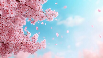 Wall Mural - A 3D loop animation of gently swaying cherry blossom trees under a bright spring sky, evoking the freshness of the Easter season with pastel colors and soft lighting