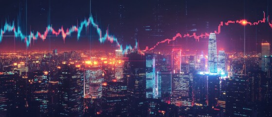 A glowing cityscape with financial symbols and investment trends in the night sky