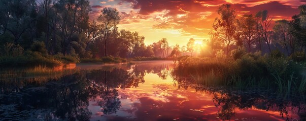 Wall Mural - Tranquil sunrise reflecting off a glassy pond, 4K hyperrealistic photo