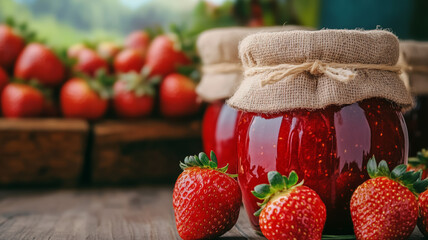 Sticker - Jars of freshly made strawberry jam with cloth covers on a rustic wooden stall farm atmosphere 