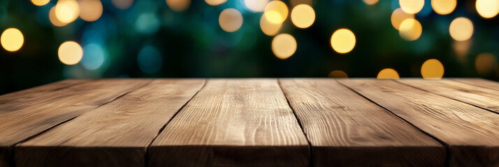 Poster - Light wooden table with a soft focus dreamy bokeh background in cool tones perfect for a serene setting 