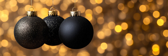 Poster - Luxurious velvet covered Christmas balls hanging on a soft focus golden bokeh background with glowing fairy lights 